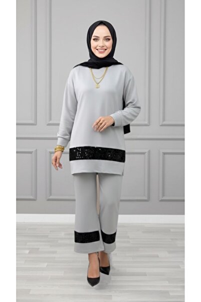 ALYA FİRUZE TAKIM Açık Gri Kadın Payet Detaylı Kristal Kumaş 2'li Takım