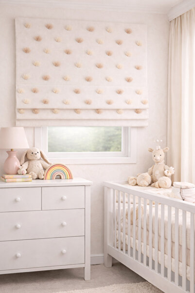 perastore Katlamalı Fon Perde – Ponpon Desenli Mekanizmalı Perde