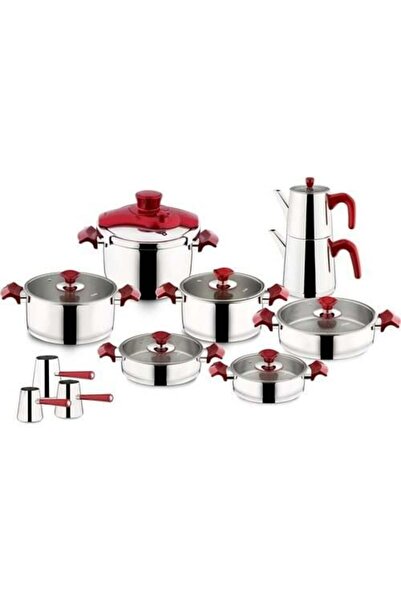 Aryıldız King İdeal 22 Parça Cam Kapak Çelik Çeyiz Seti - Kırmızı