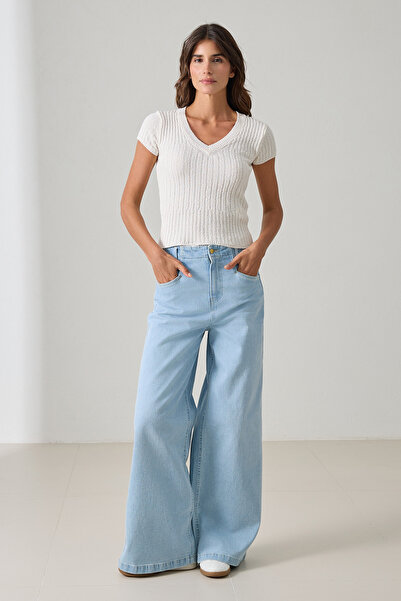 Setre Cream V-Neck Short Sleeve Knitwear Blouse