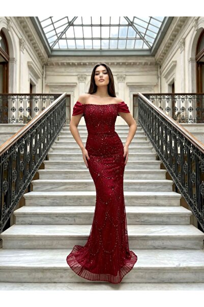 OLA Divor Boncuk Ve Payet İşlemeli Düşük Kollu Abiye Elbise