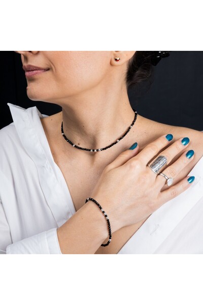 Ezera Black Spinel Semi-Precious Stone Bracelet for Women, 925 Silver