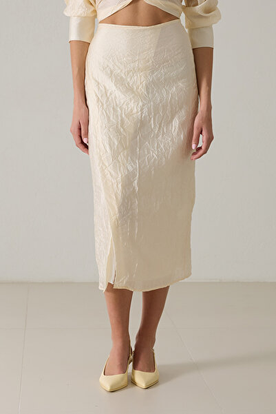 Setre Krem Bağlama Detaylı Midi Boy Crush Detaylı Etek