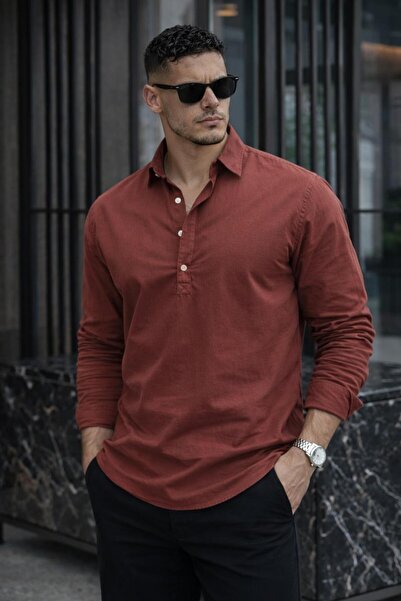 Valiberta Half Pat Collar York Cotton Fabric Long Sleeve Men's Shirt - Dark B...