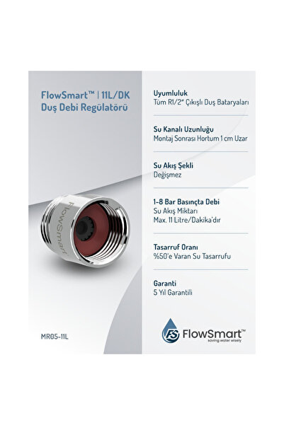 FlowSmart™ %50 Su Tasarrufu Aparatı Regülatörü 11L/DK, R1/2 Duş Bataryası Uyumlu, 5 Yıl Garantili