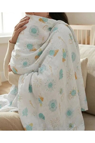 Caline Baby غطاء قماش موسلين نمط شمسي - أخضر 120x120 سم + 4 مناديل مبللة للفم