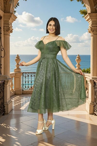 FaBe Fashion Ip Askılı Düşük Kollu Kalp Yaka Beli Kemerli Midi Gelincik Dante...