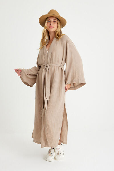 Miespiga %100 Pamuklu Dokuma Beli Kuşaklı Maxi Kadın Kimono Kaftan Bej