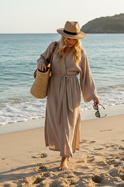 Miespiga Бежевий максі жіночий кафтан-кімоно з бавовняною підкладкою на талії...