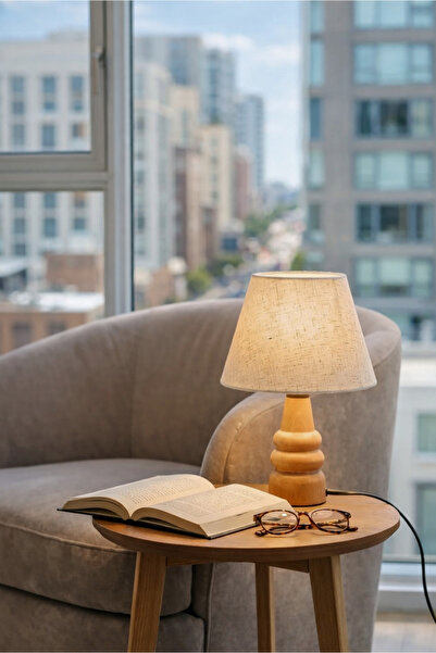 HOMİNG Natural Ahşap Kumaş Başlık Abajur Ayd-3562