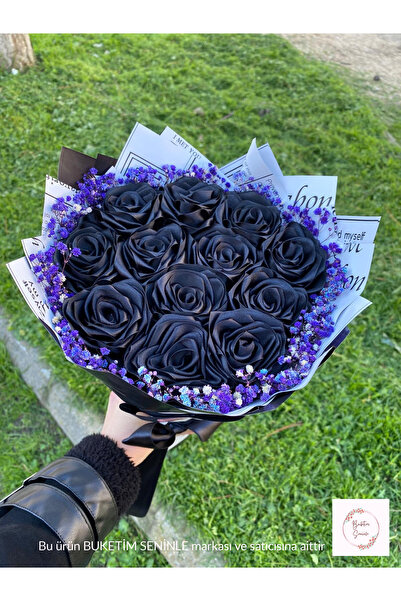 Buketim Seninle 12'li Siyah Cipsolu Solmayan Gül Buketi, Kurdele Çiçek, Sevgi...
