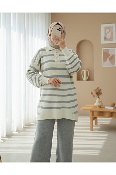 HİJABAYA Σετ Πλεκτών με Γιακά Πόλο και Κουμπιά Ριγέ