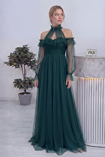 Elbise Delisi Yeşil Tül Drapeli Büyük Beden Abiye Elbise