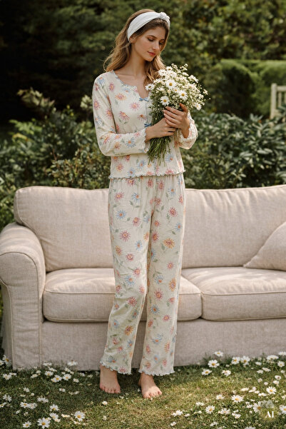 koza iç giyim Kadın Pamuklu Çıtır Çiçek Desenli Baby Overloklu Fiyonklu Uzun ...