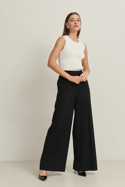 Setre Black Elastic Waist Relaxed Fit Wide Leg Pants