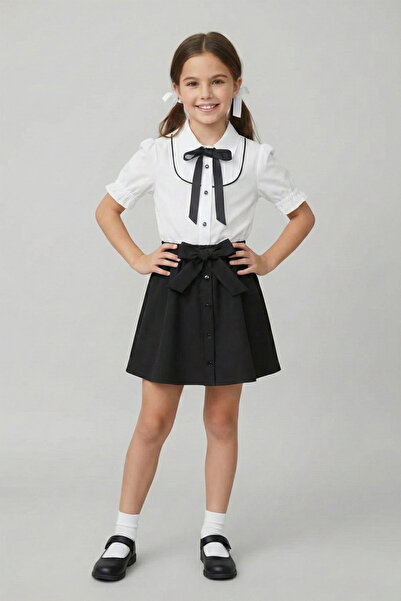 nacar çarşı Fusta neagră cu volane pentru fetițe, cămașă albă cu dantelă, țin...