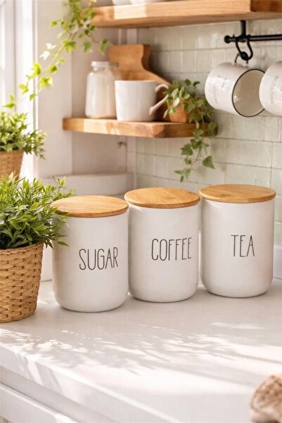 GLAMZE 3'lü Bambu Kapaklı Tea-Coffe-Sugar Cam Kavanoz Seti