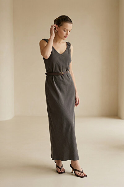 Setre Bitter Brown Strap Detail, Sleeveless Long Dress