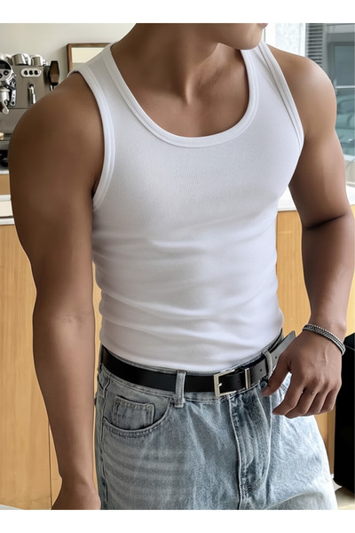 Riowela Erkek Sporcu Atlet Halter Yaka Likralı Pamuklu Beyaz Atlet