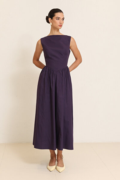 Setre Mor Kolsuz Belden Oturtmalı Midi Boy Elbise