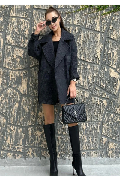 CurcunaShop معطف نسائي كبير الحجم منقوش بنمط جلد السمك بلون أنثراسايت