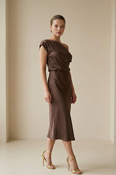 Setre Milk Coffee Color Collar and Skirt Detailed Waist-Fitted Midi Dress