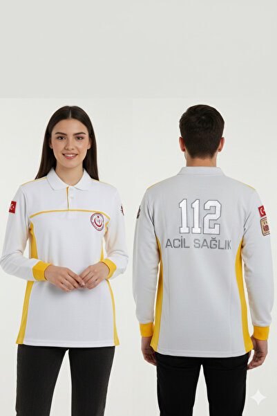 temex 112 Beyaz Polo Yaka Tişört Üniforma Tek Üst Unisex Sarı Garnili Uzun Ko...