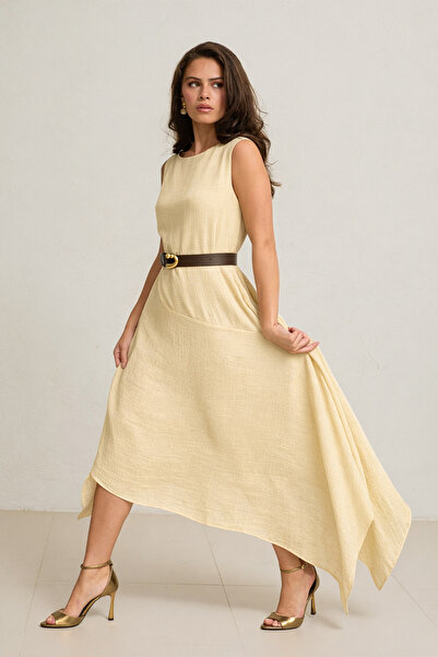 Setre Butter Yellow Belt Detailed Sleeveless Asymmetrical Cut Dress