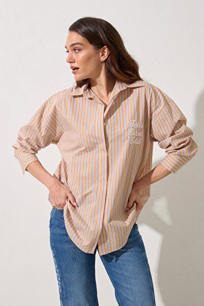 Setre Camel Nakış Detaylı Çizgili Uzun Kollu Oversize Gömlek