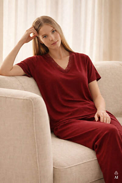 koza iç giyim Kadın Viskon Yumuşak Dokulu Kısa Kollu Dantel Detaylı Pijama Takım