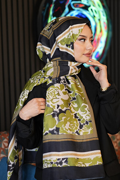 AFVENTE شال من القطن الناعم باللون الأخضر الزيتي بنمط زهرة الزنكير