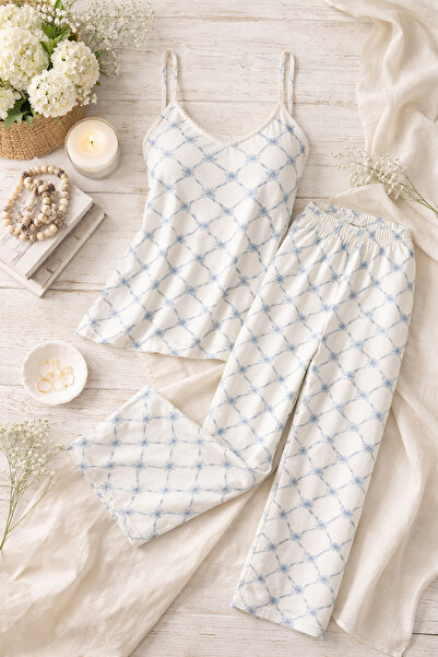 koza iç giyim Women's Strap Soft Textured Patterned Pajama Set