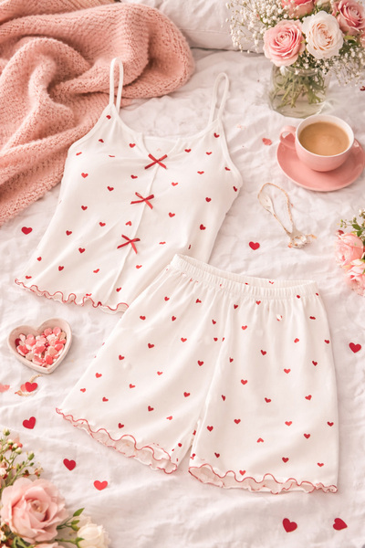 koza iç giyim Kadın Çiçek Desenli Gül Fiyonklu İp Askılı Şort Takım