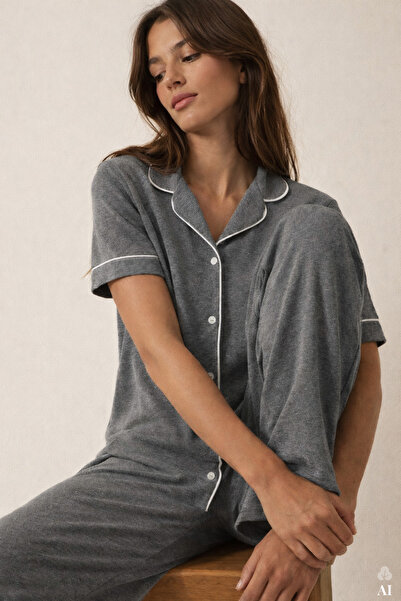 koza iç giyim Дамски комплект пижама с къс ръкав, сив меланж и пудра с междин...