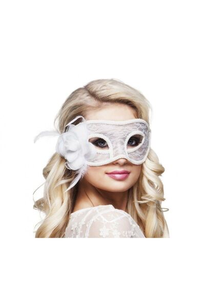 partidolu Beyaz Renk Dantelli Güllü Tüylü Wedding Maskesi