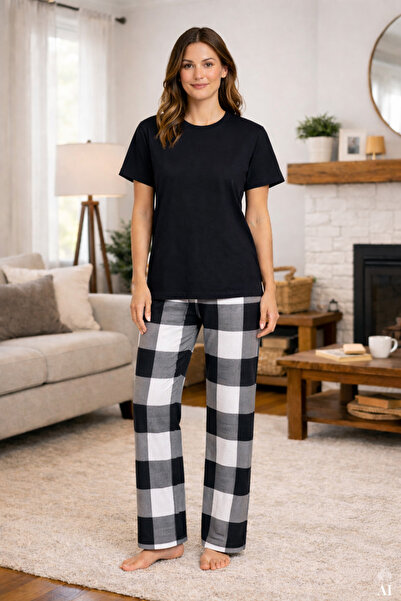 koza iç giyim Γυναικείο σετ πιτζάμες με κοντομάνικο βαμβακερό καρό σχέδιο