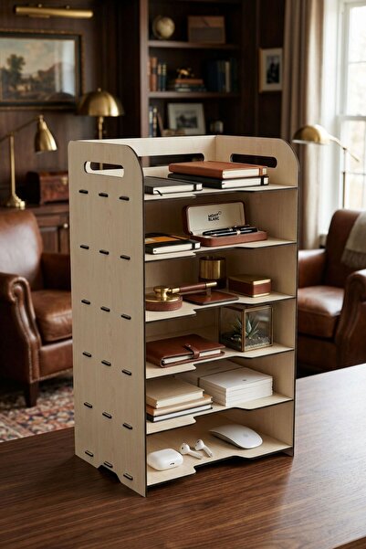 Evene Dosya Düzenleyici Masa Üstü Organizer Ahşap Evrak Rafı Açık Meşe Renk M...