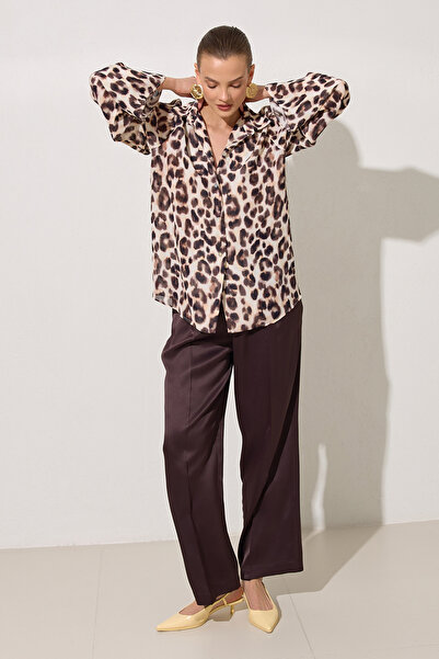 Setre Cream - Bitter Brown Leopard Patterned Long Sleeve Relaxed Fit Shirt