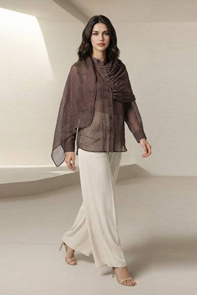 Setre Coffee-Colored 100% Linen Drape Detailed Fabric Detailed Long Sleeve Re...