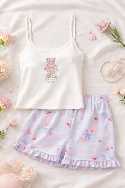 koza iç giyim Kadın Pamuklu Mavi Çiçekli Ayıcıklı Baskılı Şortlu Pijama Takımı