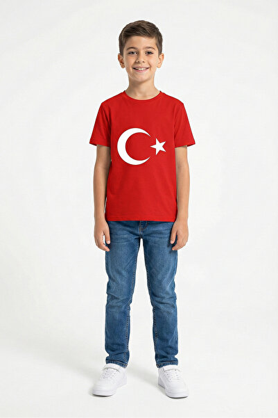 e-çocuk Unisex Παιδικό T-shirt - Crew Neck, Τουρκική Σημαία, Κοντό μανίκι