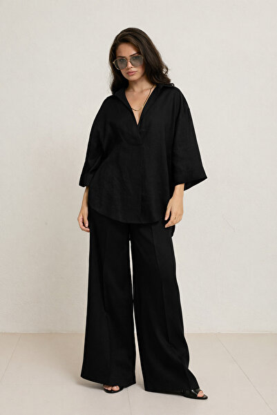 Setre Black 100% Linen V-Neck Half Sleeve Detailed Relaxed Fit Shirt