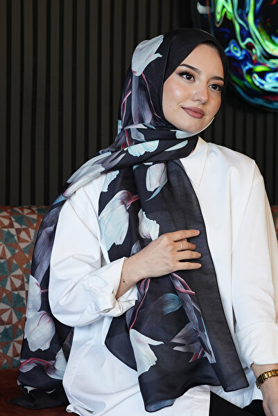 AFVENTE Μαύρο μαλακό βαμβακερό σάλι με σχέδιο τουλίπας