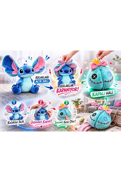 ZİVENTA Stitch Peluş Uyku Arkadaşı Sevimli Ayı Oyuncak Fermuarlı Açılır Şapka...