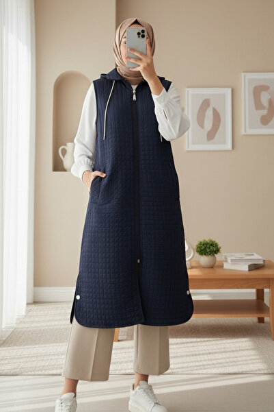 HİJABAYA Μακρύ καπιτονέ γιλέκο με φερμουάρ και τσέπες με κουκούλα