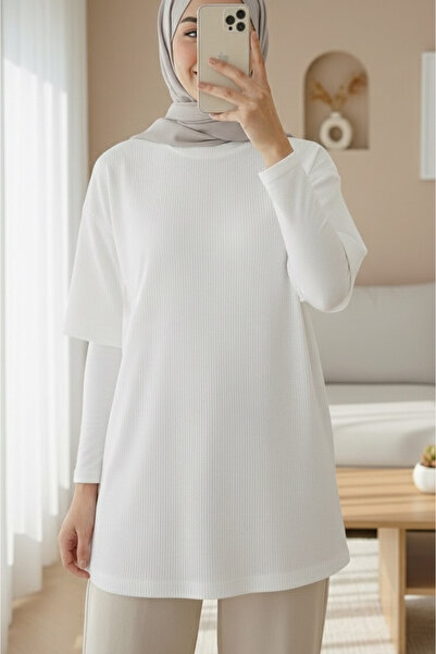 Modamorfo Bisiklet Yaka Fitilli Yırtmaçlı Tişort -Beyaz