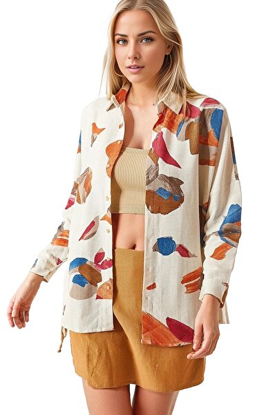 Cassime Πουκάμισο Ecru Linen Oversize - Πολύχρωμο σχέδιο, με κουμπιά