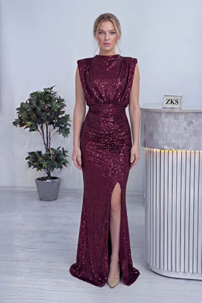 the ZKS Kadın Dik Yaka Kuşak Detay Yırtmaçlı Pul Payet Abiye Elbise Lacivert,...