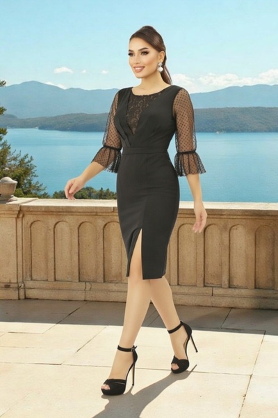 FaBe Fashion Dantel Kombinli Tül Dirsek Kollu Yırtmaçlı Krep Elbise