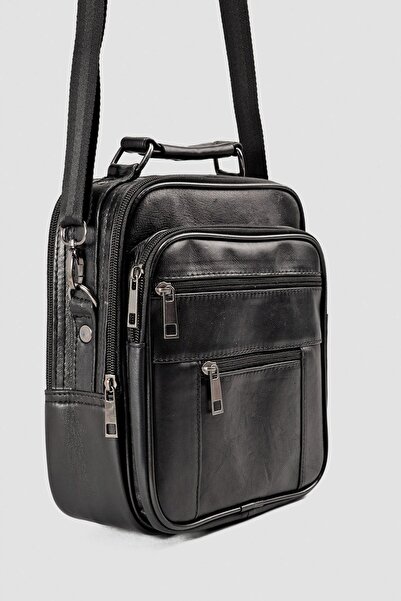 Shoes Center حقيبة كتف ويد للرجال من الجلد الطبيعي باللون الأسود متعددة الأقسام